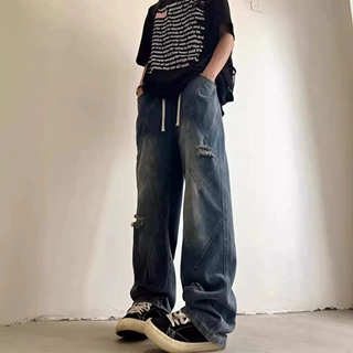 牛仔裤子男夏季破洞水洗美式高街复古直筒裤ins潮宽松休闲阔腿裤