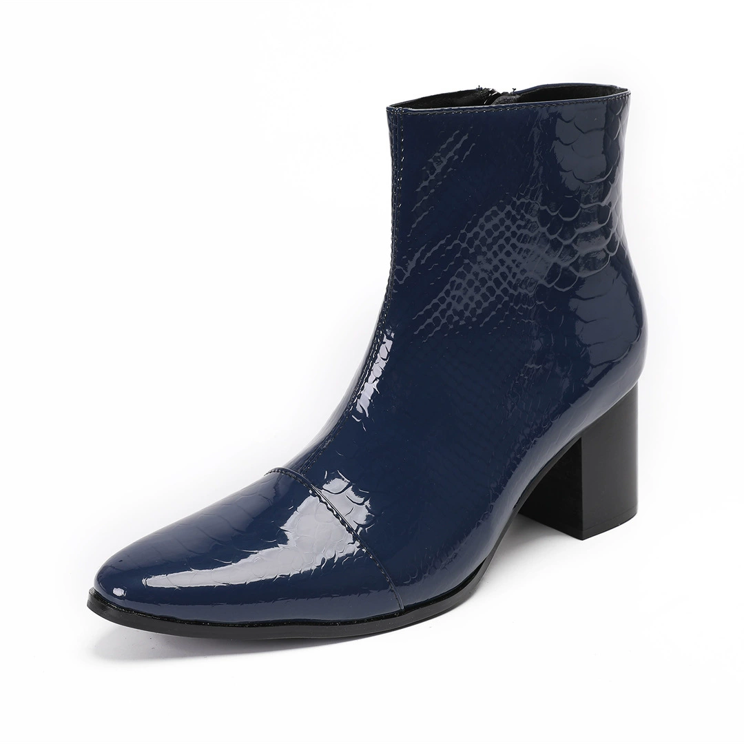 Нишевые синие мужские ботинки челси, кожаные ботинки на высоком каблуке с острым носком, ботинки для выступлений, мужские ботинки, увеличивающие рост, кожаные туфли для сцены, короткие ботинки, модные.