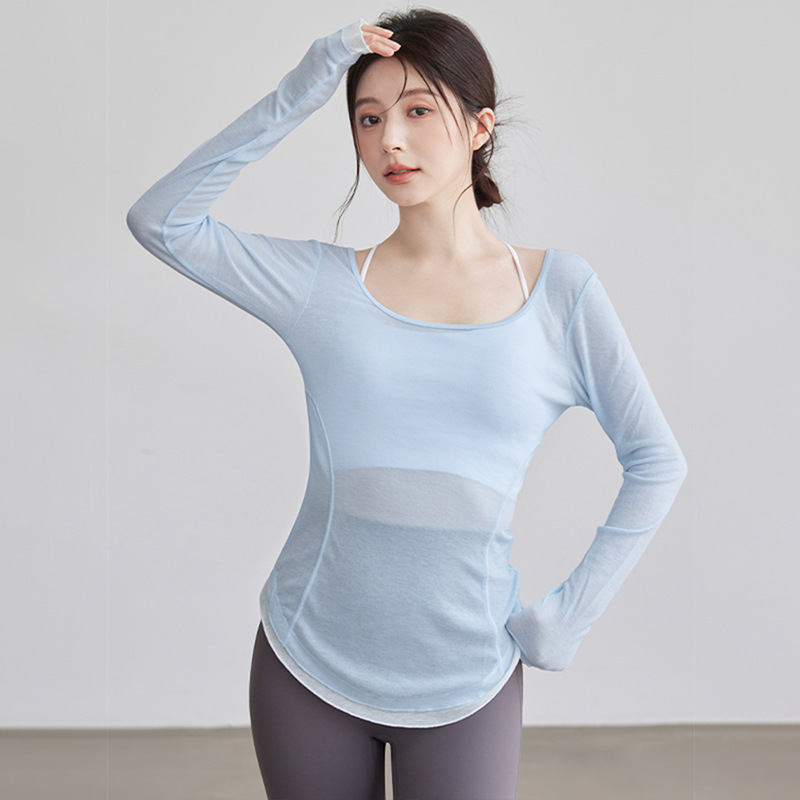运动罩衫女夏宽松瑜伽服薄纱防晒外套薄款长袖修身运动上衣|undefined