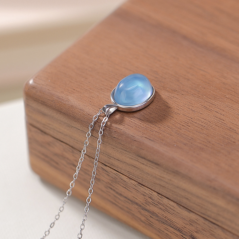 Mặt dây chuyền bạc S925 hình trứng aquamarine phong cách Hàn Quốc — Mặt dây chuyền đơn (không bao gồm dây chuyền)
