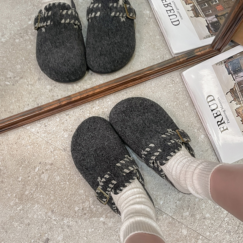 呢绒版~灰色毛毛鞋女秋冬外穿一脚蹬厚底博肯鞋加绒包头半拖鞋潮|undefined