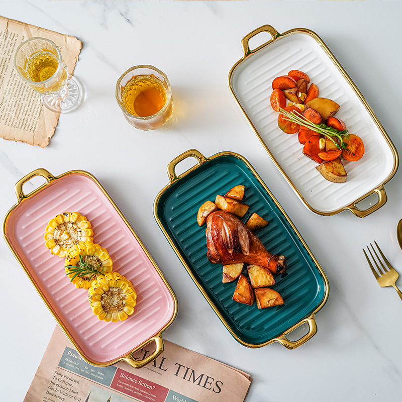 Nórdico INS de doble oreja placa plana rectangular hogar plato de cerámica plato de postre creativo Red rojo plato de pescado sushi plato largo