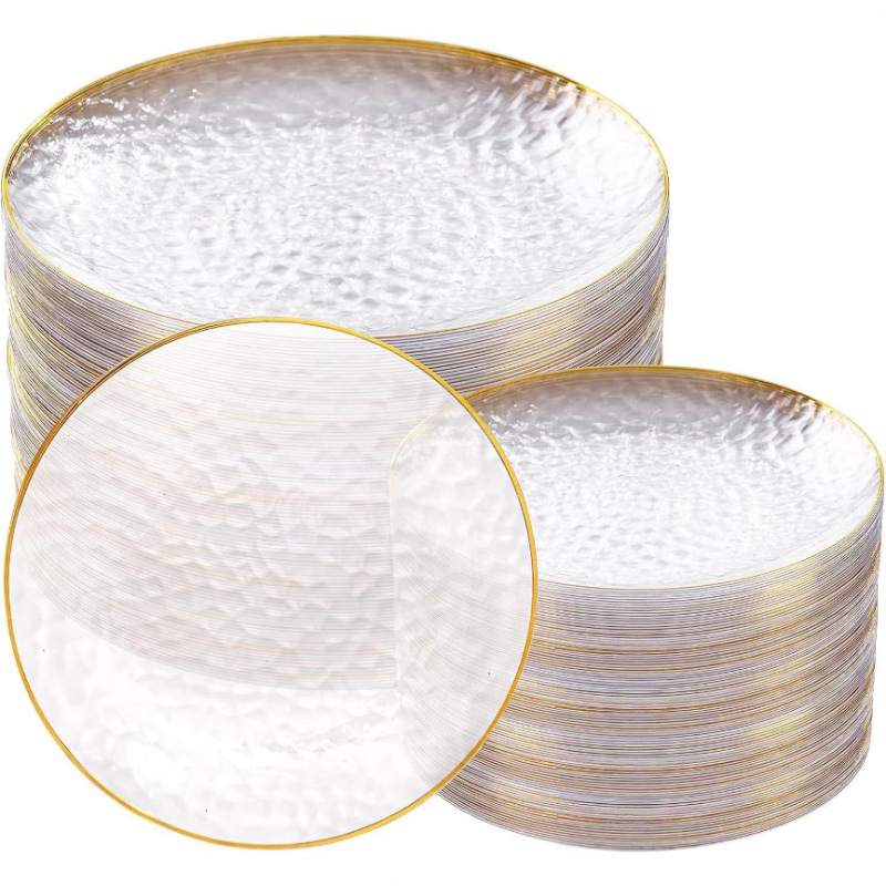 Plastic Disposable Tableware Transparent Gold Plate Hammer Forged Plate Pink Gold Edge Satin Plate Hot Gold Edge Hammer Forged Party Plate
