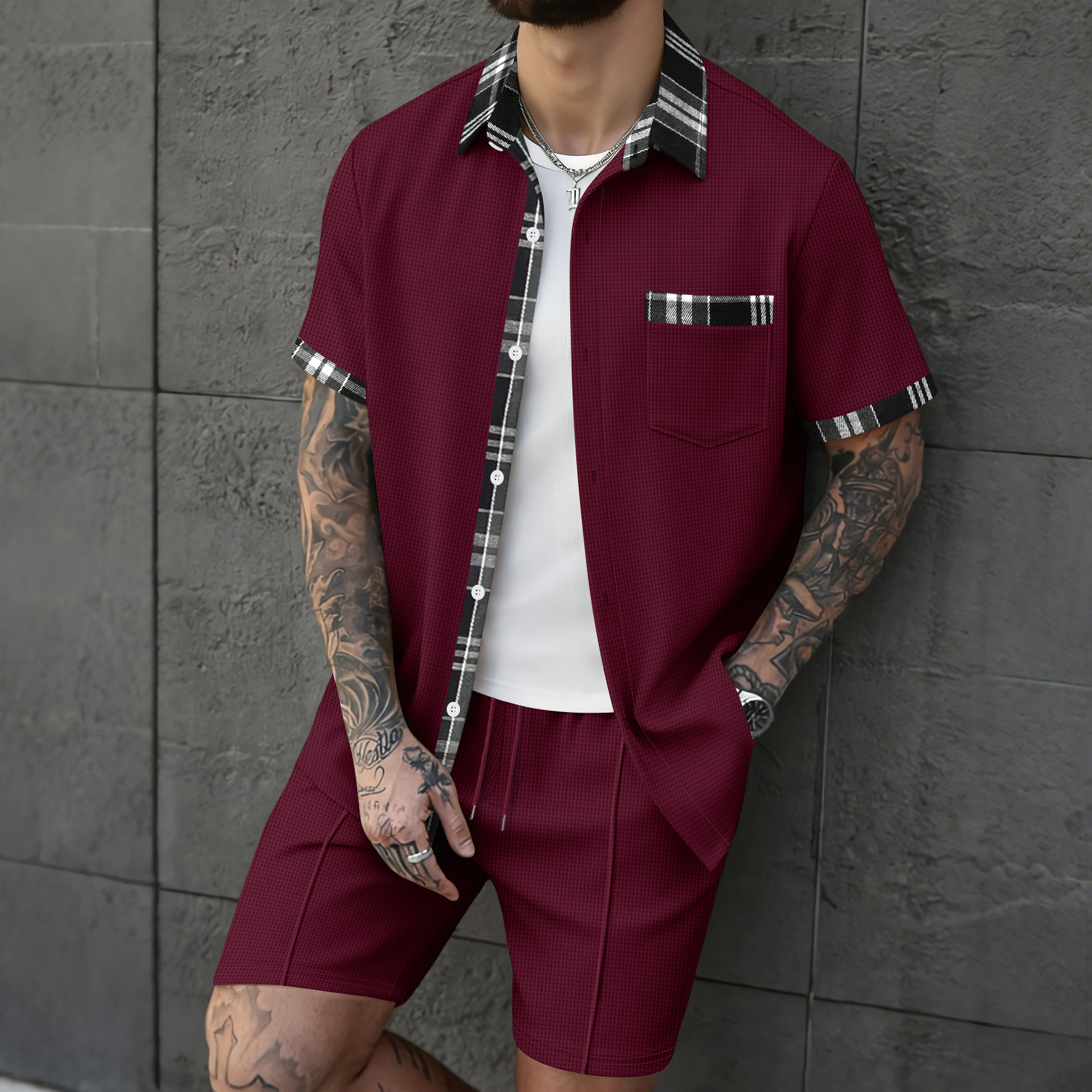 Men's Breathable Waffle Plaid Patchwork Cardigan Shirt And Shorts Set Short Sleeved Casual Suit_viptrois.com