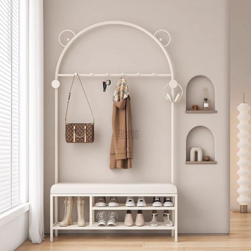 3l入戶換鞋凳落地掛衣架一體奶油風家用金屬衣帽架入門可坐門口鞋