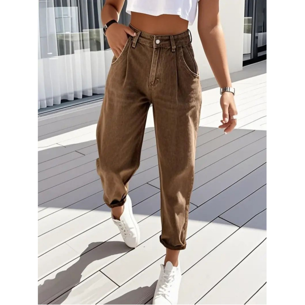 High-Waisted Tapered Jeans - Casual Stretch Denim Jeans, Slanted Pocket Design, Washed Denim Jeans