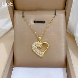 【钛钢】满钻爱心双层时尚轻奢气质华丽满钻项链女百搭锁骨链钛钢