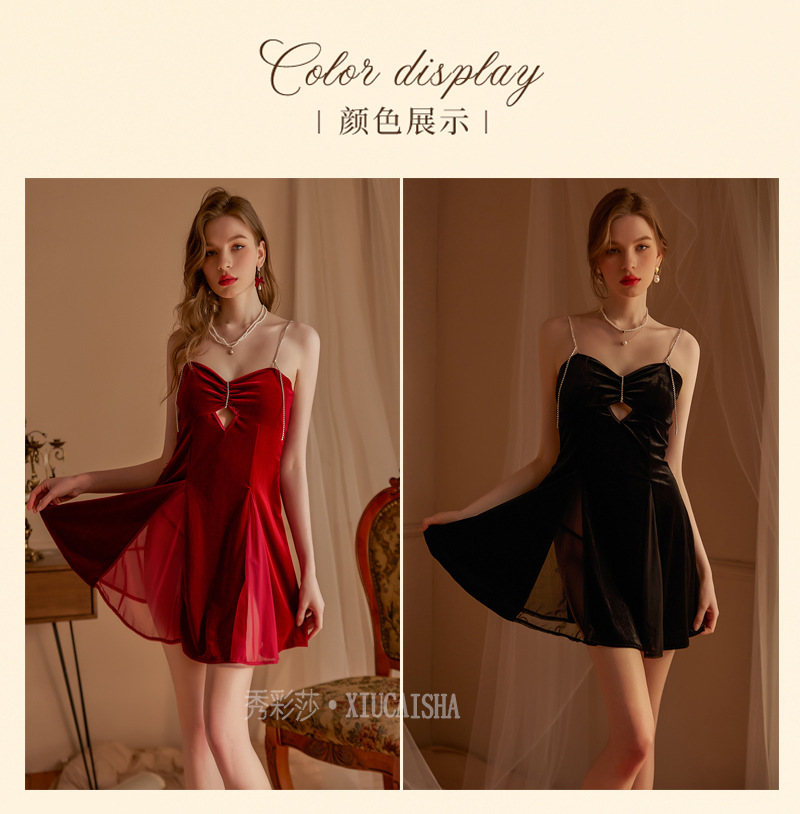 Red Velvet-Feel Sling Nightgown with Rhinestone Detail, One Size, Roleplay Lingerie — detail image 9