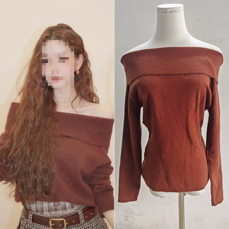 Long-Term In-Stock Song Ji-Ah Celebrity Style Coffee-Colored Off-Shoulder Knit Sweater for Women 2026 Spring Spicy Girl Sweater Long-Term In-Stock Song Ji-Ah Celebrity Style Coffee-Colored Off-Shoulder Knit Sweater for Women 2026 Spring Spicy Girl Sweater