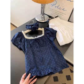 T9O原版质量 藏蓝色方领拼接花边衬衫女夏季新款短袖复古波点衬衣