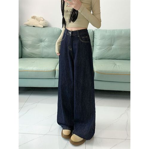 Spring New Denim Pants Highlight Leg Length 2025 Trend Deep Blue Loose Wide Leg Pants Women High Waist Slimming