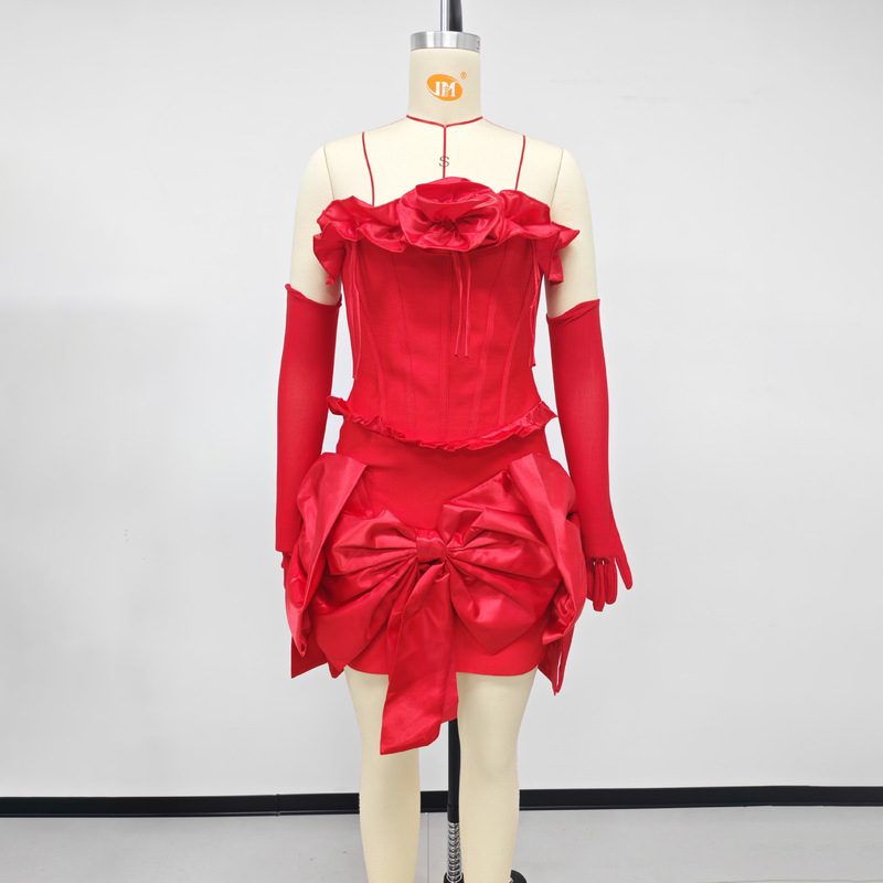 Sexy Strapless Floral Butterfly-Tie Waist Dress for Women, Elegant Party Evening Gown with Gloves Sexy Strapless Floral Butterfly-Tie Waist Dress for Women, Elegant Party Evening Gown with Gloves