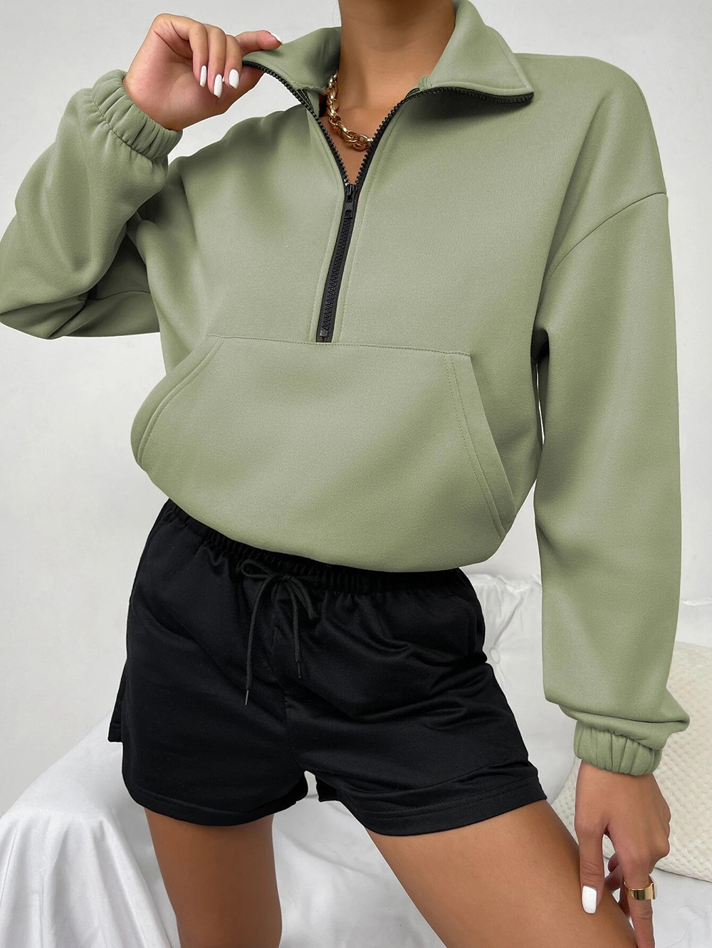 Amazon popular 2023 europeo y americano Otoño e Invierno transfronterizo Comercio exterior superior cremallera soporte cuello manga larga forro polar suéter suelto para las mujeres