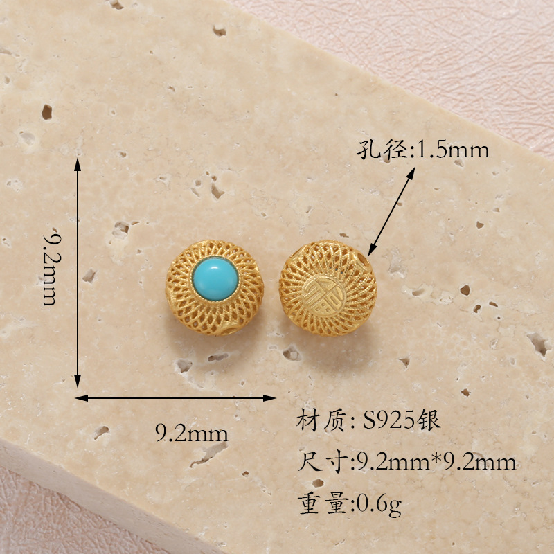 Raw Turquoise S925 Silver Gold-Plated Heart-Shaped Four-Leaf Clover Round Butterfly Pendant Spacer Bead DIY T6