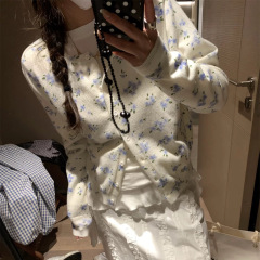 韩系白色碎花长袖针织开衫女早春外搭小个子独特绝美短款上衣外套