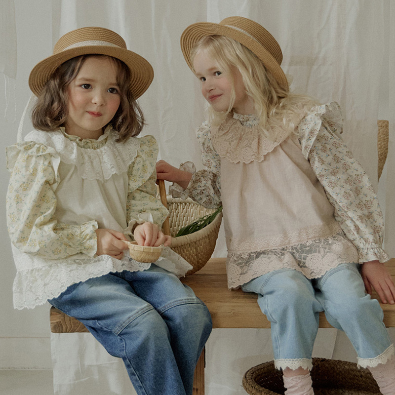 Primavera 2024 fresa Shan Corea del Sur niñas algodón floral Feier camisa de manga larga preventa