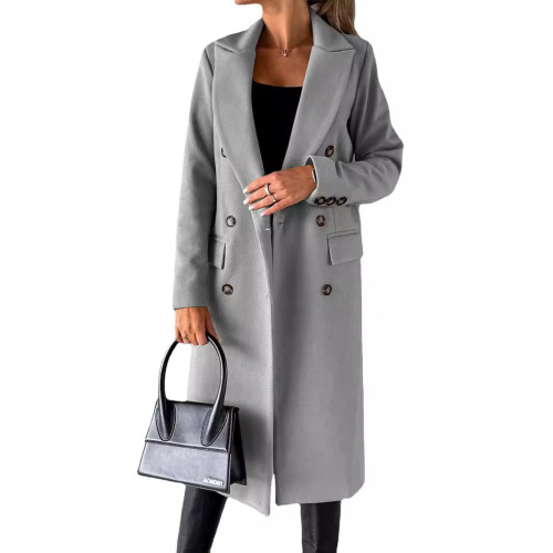 Women's Spring 2025 Coat - Versatile Woolen Overcoat, Solid Color, Long Sleeve, Double Breasted, Pockets