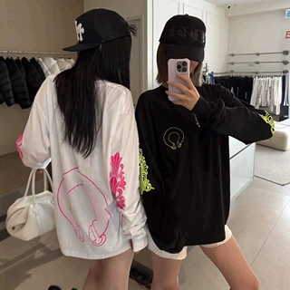 克+中性风男女同款马蹄铁荧光印花字母圆领T恤秋宽松中长款潮长袖