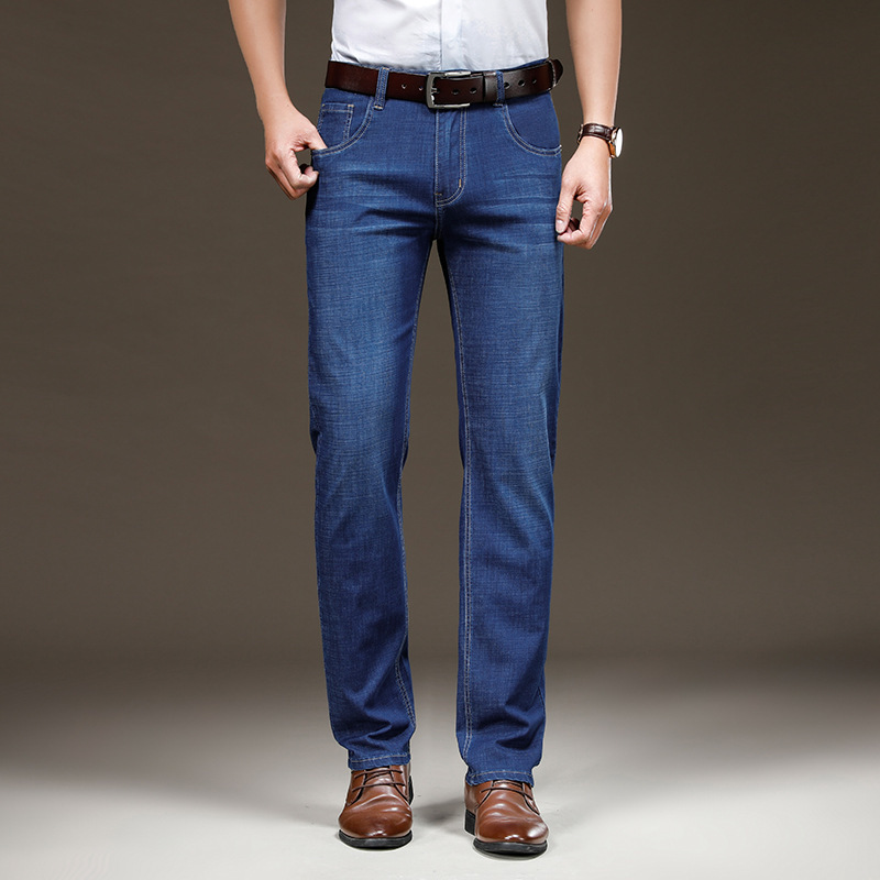 Men's Thin Denim Jeans, New Business Casual Style, Straight-Leg Pants for Middle-Aged Dads, Wrinkle-Free, Versatile Men's Long Pants