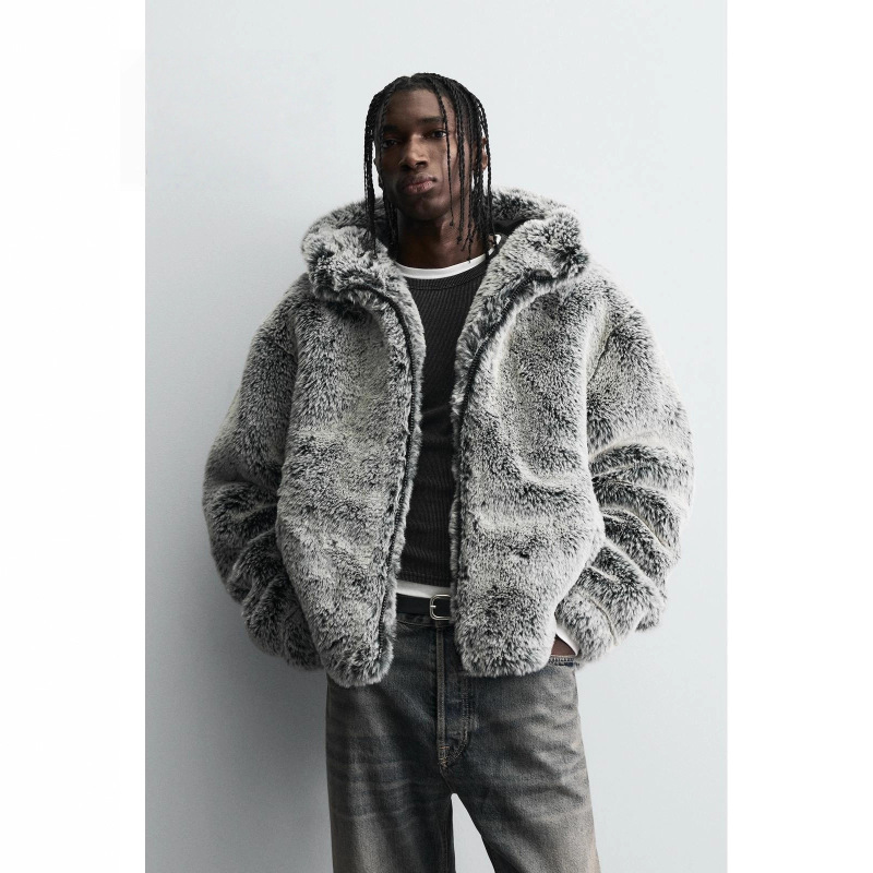 2025 Winter New Men's Hooded Faux Fur Jacket Versatile Thickened Plush Coat
