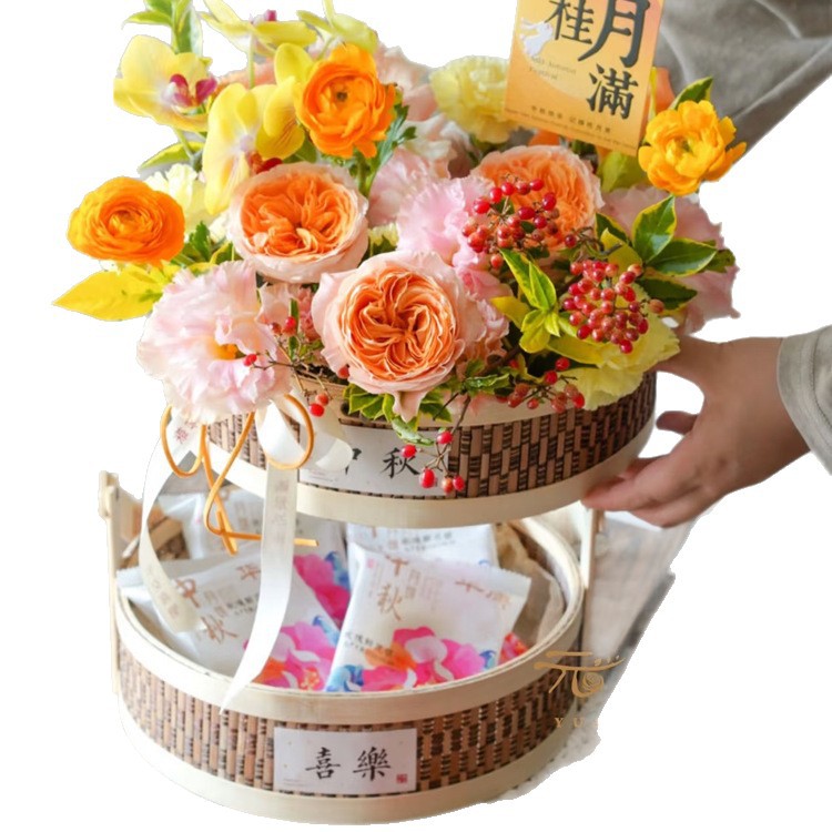 Cestas de flores de tejido de mediano otoño de bambú tejido de paja de flores portátiles canasta de huevos para bebés decoración casera canasta de flores