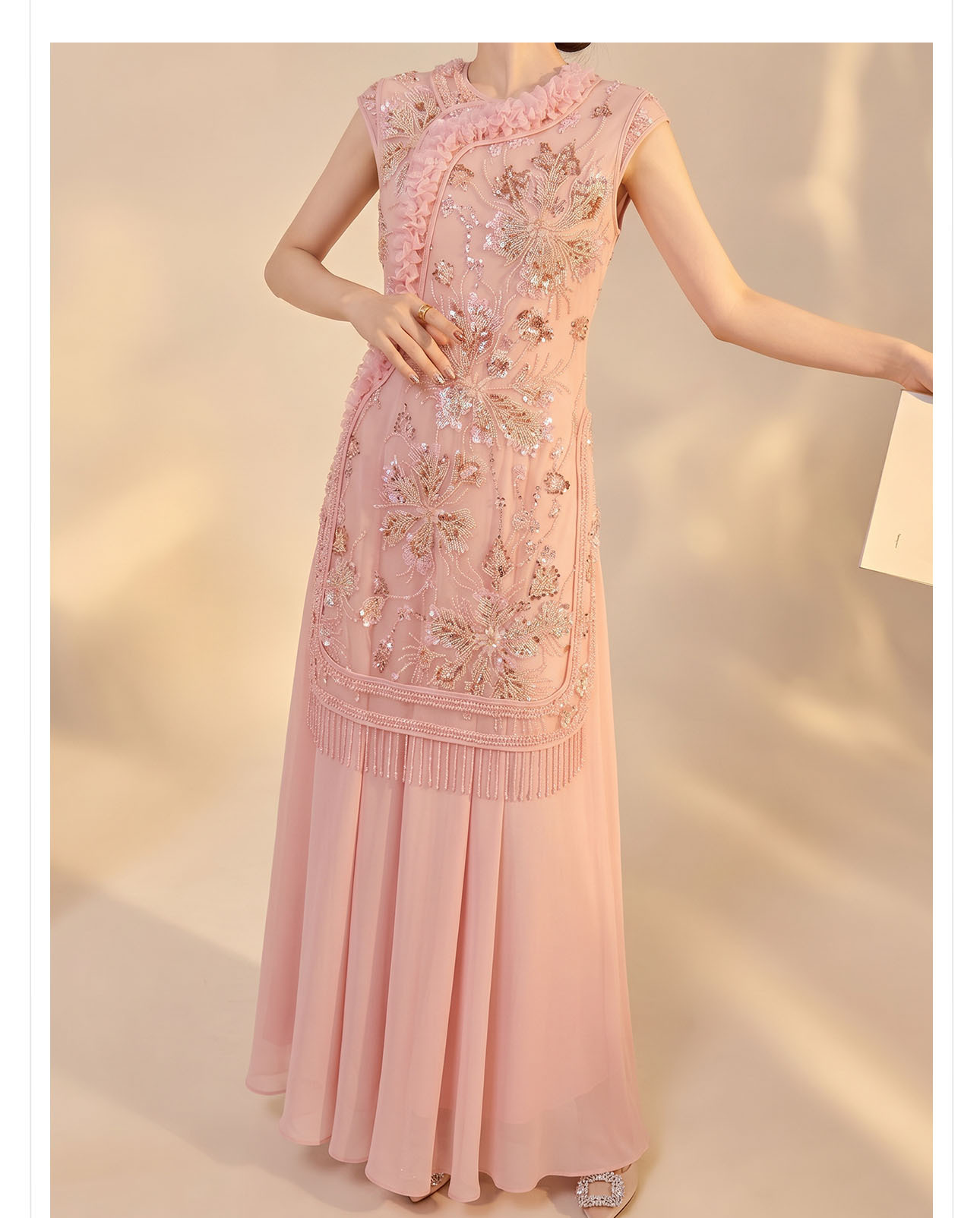 Đầm maxi nữ thêu hoa cao cấp kiểu mới — màu hồng chi tiết 7