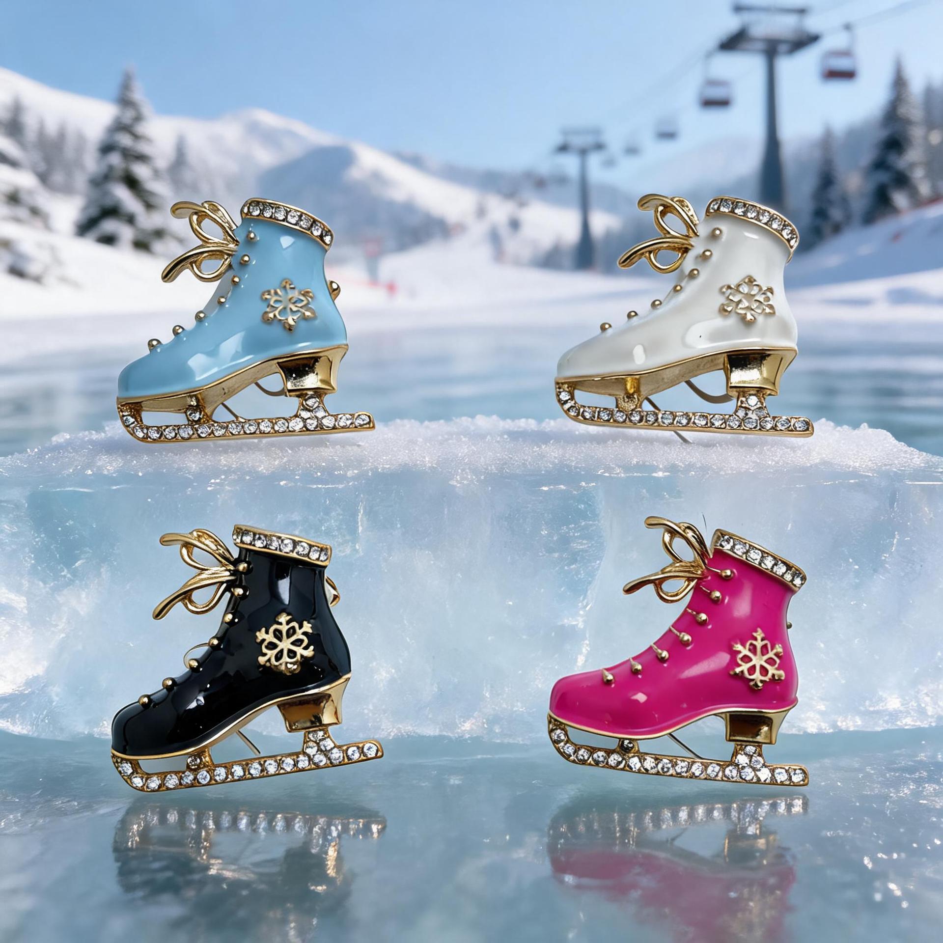 Winter ice skate brooch, enamel and rhinestone snowflake pin, Christmas coat and sweater accessory, a unique gift