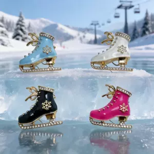 Winter ice skate brooch, enamel and rhinestone snowflake pin, Christmas coat and sweater accessory, a unique gift