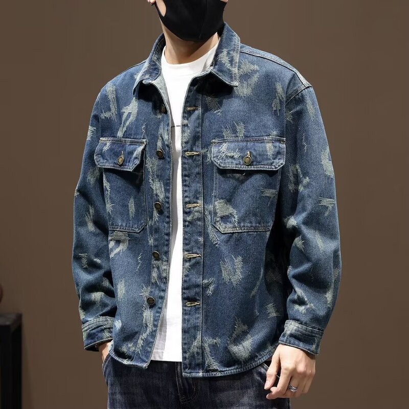 Denim Shirt Men's Autumn and Winter New Jacket Retro Lapel Casual Long-Sleeved Shirt Jacket Loose Denim Jacket