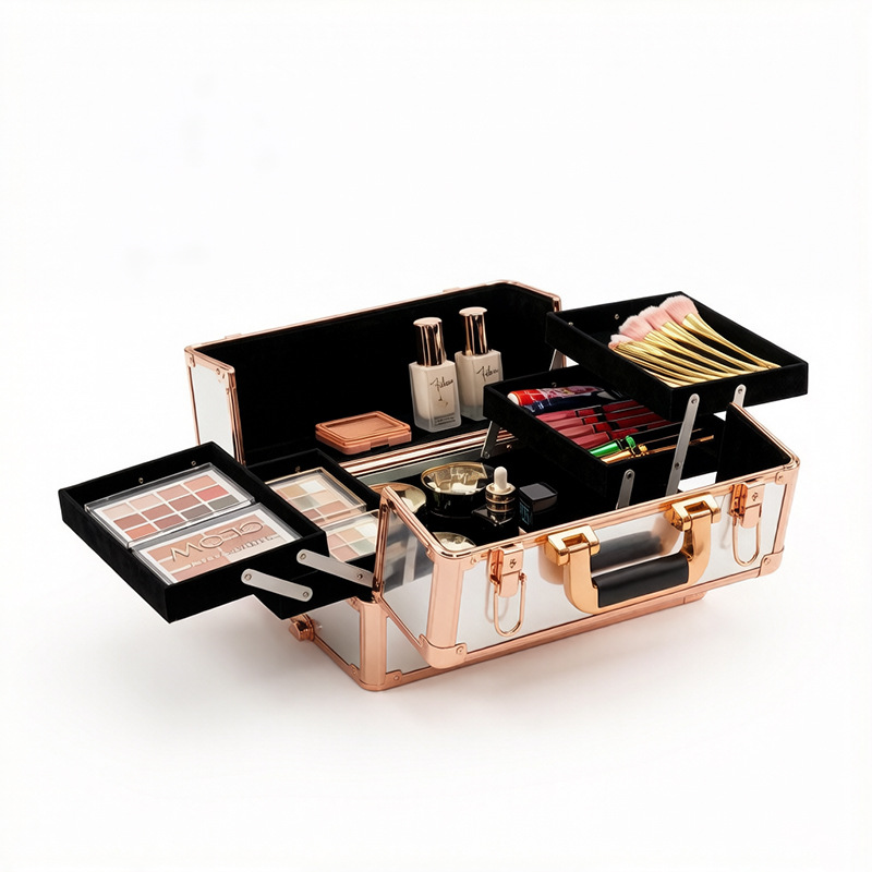 Caja de maquillaje de varilla de tracción con rodillos de almacenamiento móviles para maquillaje multicapa portátil de manicura, peluquería, caja de herramientas de bordado