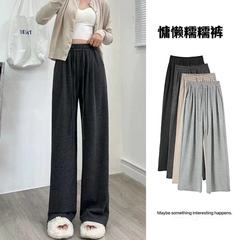 厳選されたもち米のような質感のカシミヤ混ワイドパンツ レディース 秋 ハイウエスト ドレープ感のあるロングパンツ 秋 ゆったりストレートパンツ ゆったりとしたスタイルのもち米パンツ