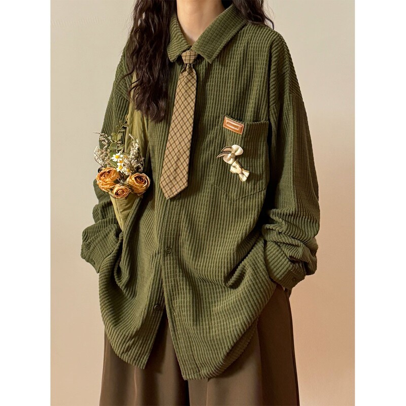 2024 Spring and Autumn New Retro Corduroy Lazy Style Loose Casual Solid Color Wafflick Long Sleeve Shirt Top for Women 2024 Spring and Autumn New Retro Corduroy Lazy Style Loose Casual Solid Color Wafflick Long Sleeve Shirt Top for Women