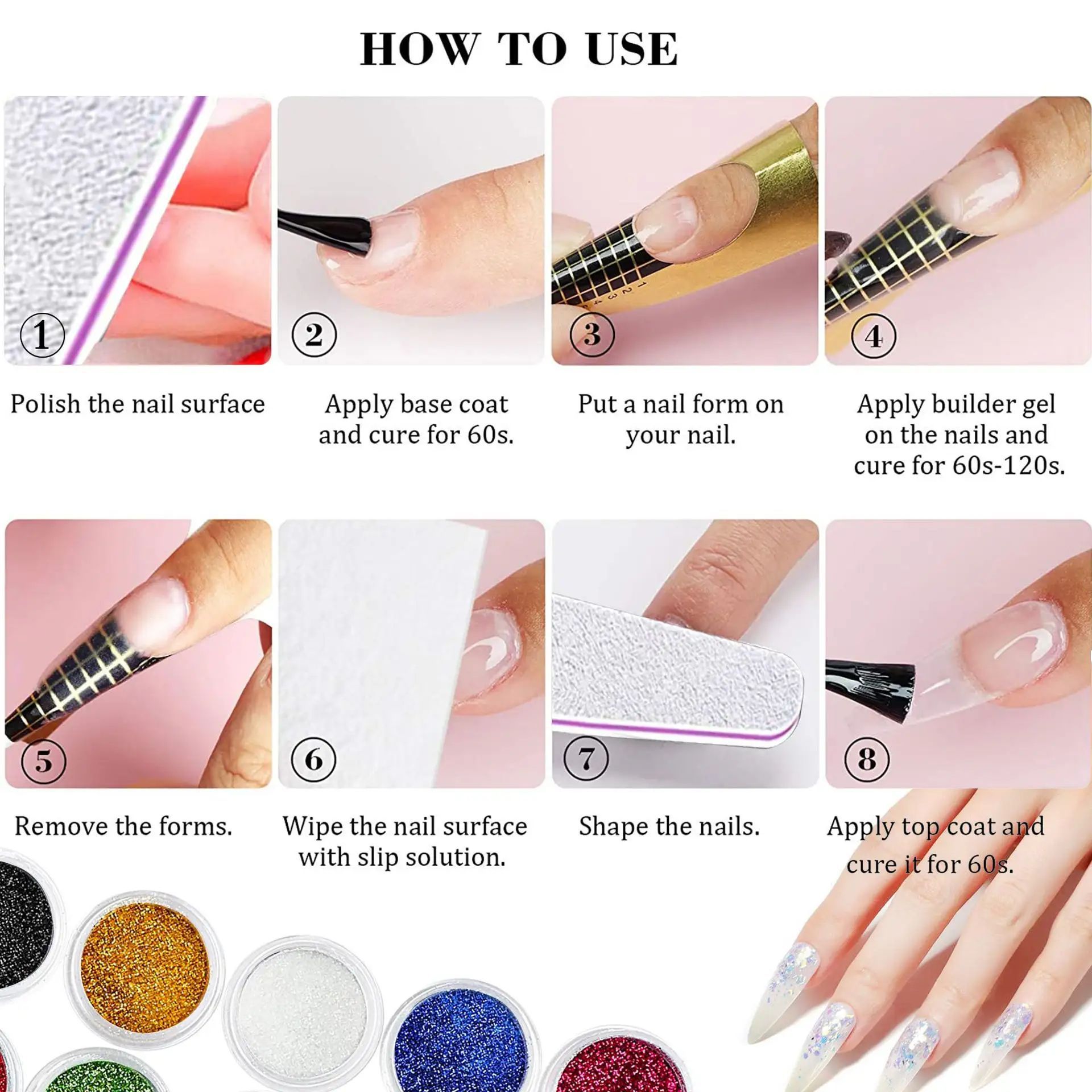 Conjunto completo de herramientas de uñas transfronterizas, líquido de cristal en polvo de cristal de 24 colores, pegamento de extensión para principiantes, pegamento de fototerapia