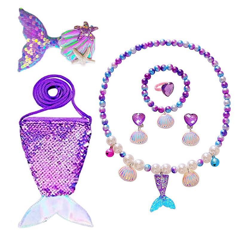 Set, purple necklace, hairgrip, bag