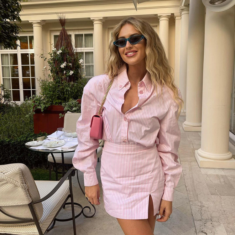 2025 Export Women's New Commuter Lapel Long-Sleeved Stripesd Shirt Hip-Covering Skirt Fashionable Office Suit