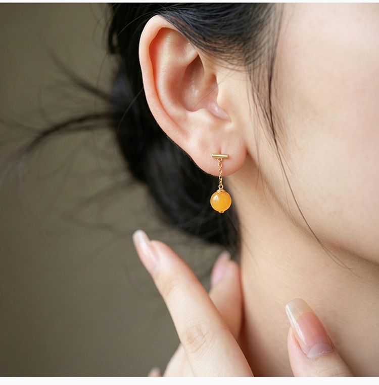 Bông tai bạc S925 mạ vàng đính đá hổ phách và ngọc bích phong cách tối giản — Một cặp màu hổ phách chi tiết 9