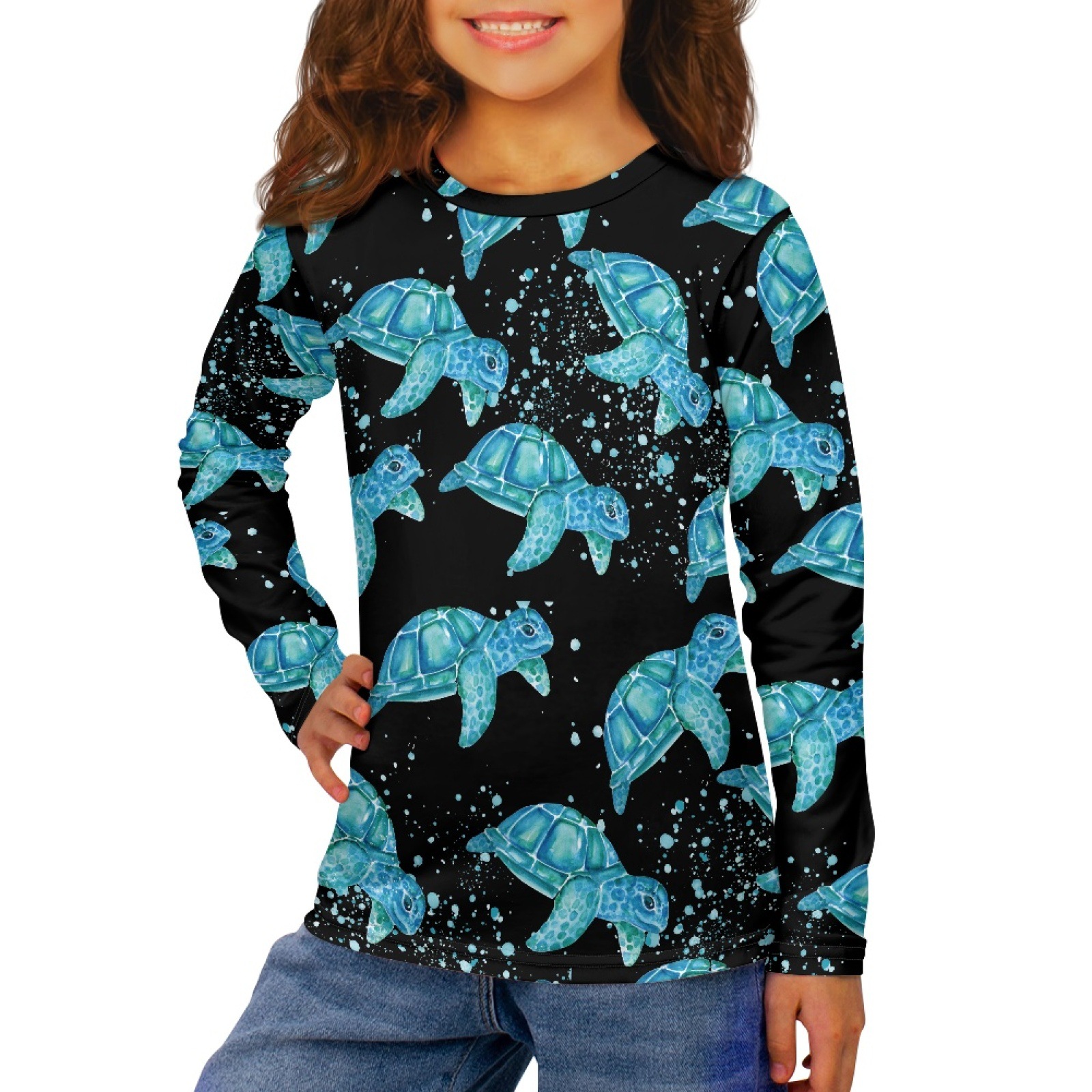 国际站海洋海龟图案3-16岁儿童涤纶T恤衫圆领套头长袖上衣来图印