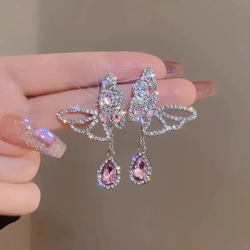 New Pink Full Diamond Butterfly For Women, Simple And Unique Sweet Cool Style, Fairy Alloy Earrings_voghion.com