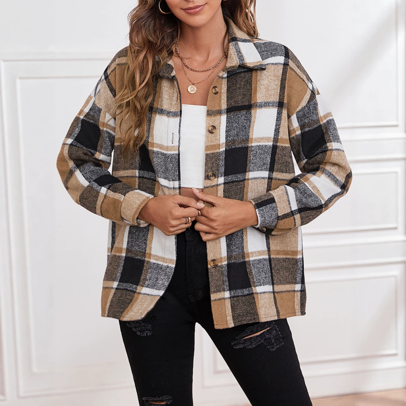 Abrigo de Lana a Cuadros para Mujer de Lana y Poliéster con Solapa y Botones para Otoño e Invierno image 6
