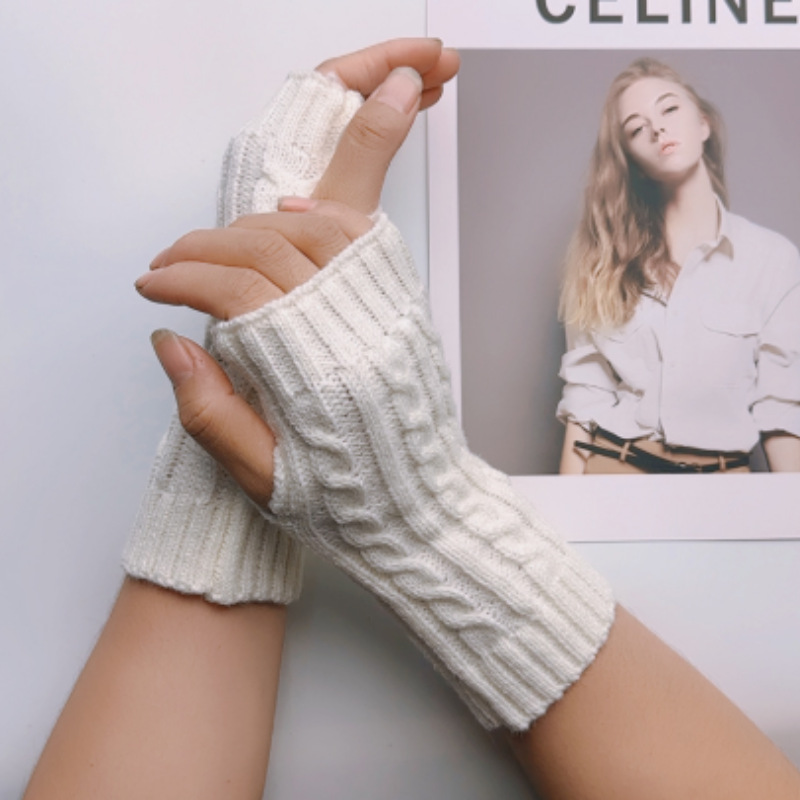 针织毛线套手臂套袖套春秋冬露指半指保暖袖子学院风麻花长款条纹