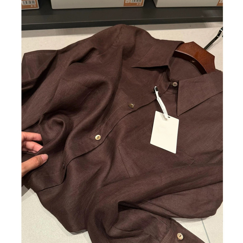 Highly recommended! High-end old money vibe~ Korean-style brown collared linen blend casual work shirt for women Highly recommended! High-end old money vibe~ Korean-style brown collared linen blend casual work shirt for women
