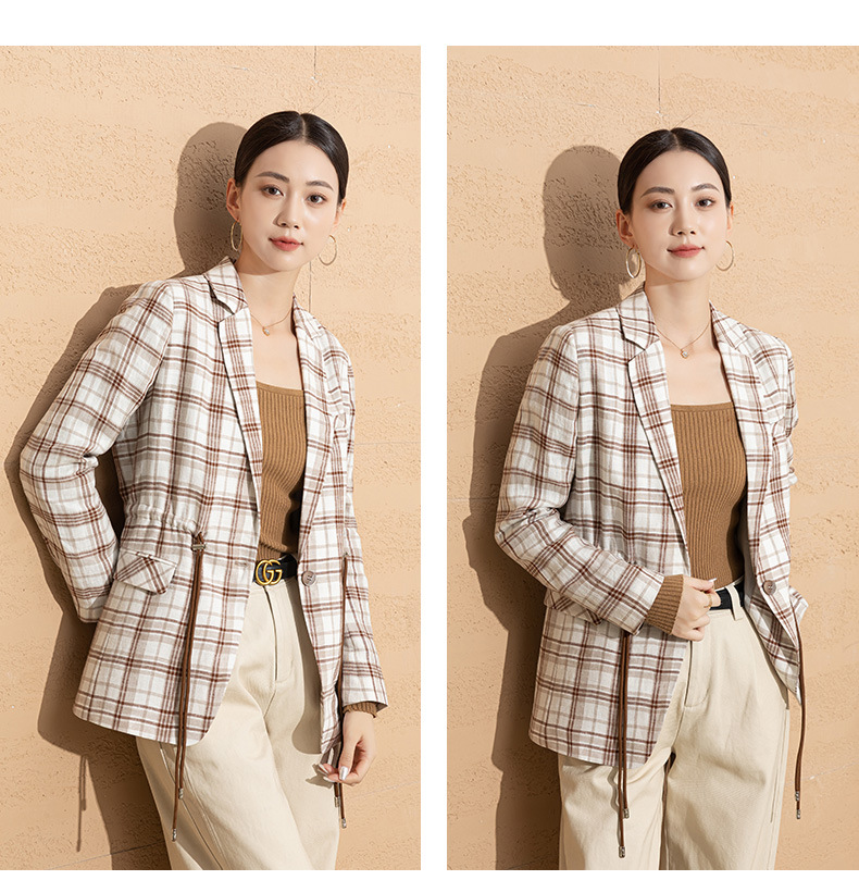 Áo blazer nữ vải lanh kẻ caro thiết kế độc đáo dáng ngắn — Ca rô chi tiết 10
