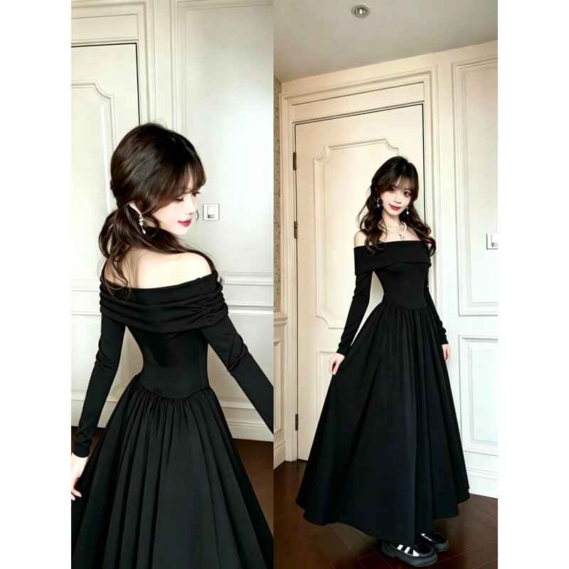 Black off-shoulder long-sleeve dress, French-style waist-cinching, pear-shaped body, Berkeley high-end long dress, birthday outfit Black off-shoulder long-sleeve dress, French-style waist-cinching, pear-shaped body, Berkeley high-end long dress, birthday outfit