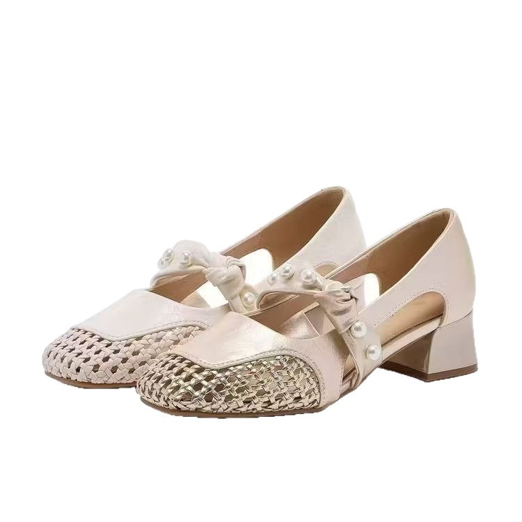 Sandalias de Tacón Medio con Perlas para Mujer PU Suela de Caucho