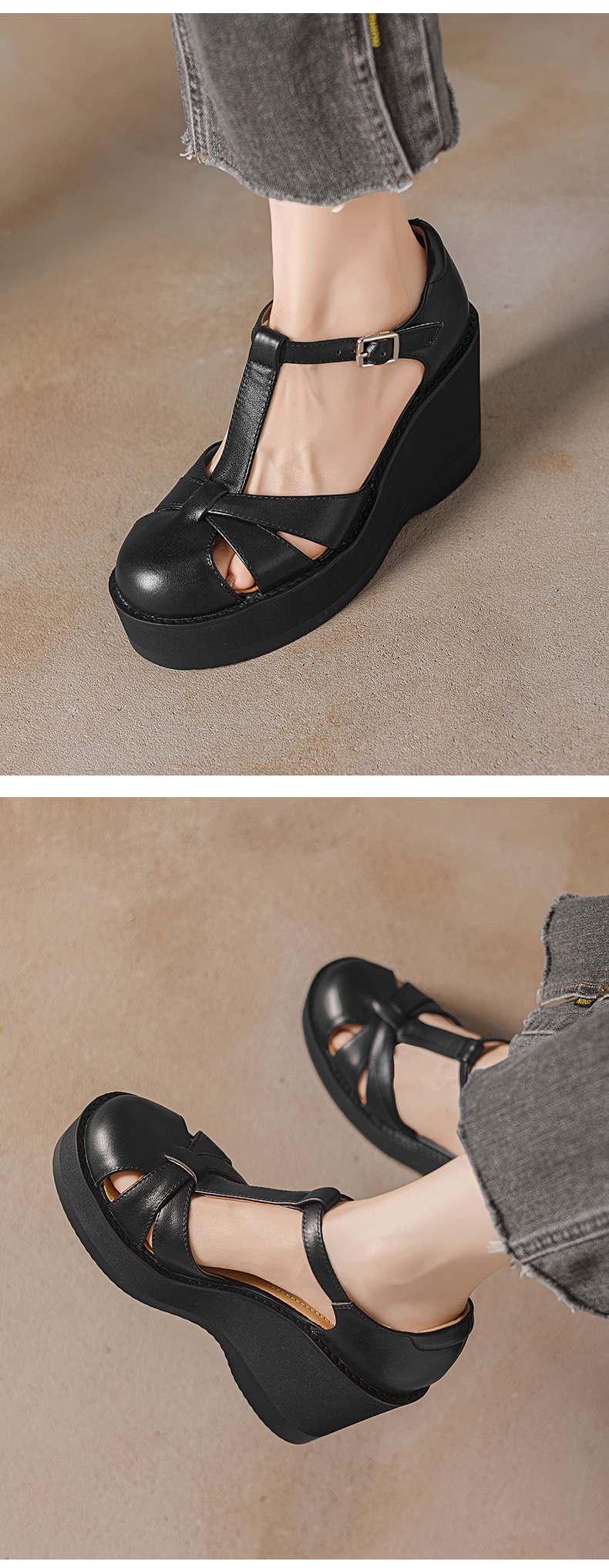 Sandal nữ cao gót đế dày 9.5 cm quai ngang khóa T — đen chi tiết 5
