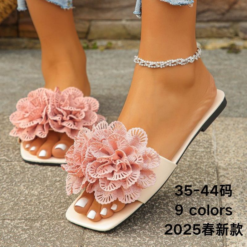 Cross-border Foreign Trade Slippers Women's 2025 Spring New Women's Fashion Flower Casual Flat Beach Sandals Cross-border Foreign Trade Slippers Women's 2025 Spring New Women's Fashion Flower Casual Flat Beach Sandals