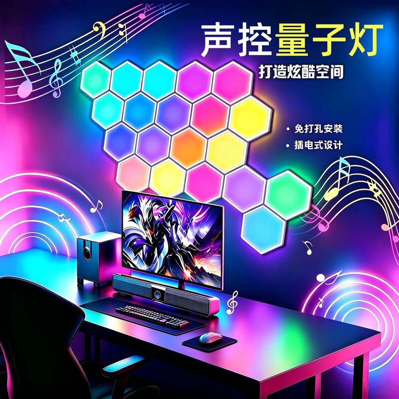 Quantum Light Gaming Room Hexagonal Atmosphere Light DIY Splicing Honeycomb Colorful Sound-Activated Light Bedroom Wall Light Night Light Quantum Light Gaming Room Hexagonal Atmosphere Light DIY Splicing Honeycomb Colorful Sound-Activated Light Bedroom Wall Light Night Light