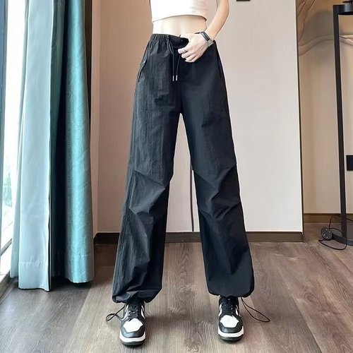 Summer Thin American Ice Silk Work Pants for Youth High-Waisted Loose Tied-Ankle Casual Straight Leg Sports Pants