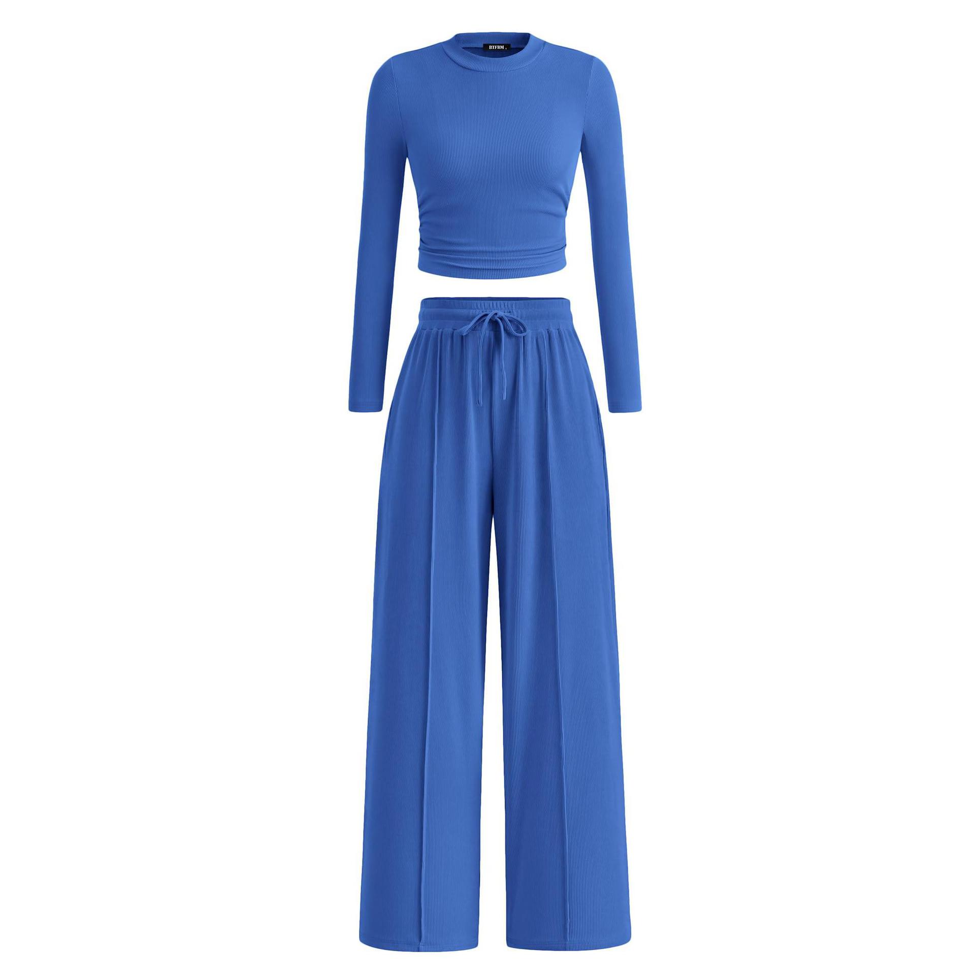 Rib Knitted Long Sleeve Short Top Wide Leg Pants Casual Suit