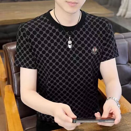 2025 Summer New Round Neck Printed Ice Silk Short Sleeve T-Shirt for Men, Thin Style Business Casual High-end Stylish T-Shirt